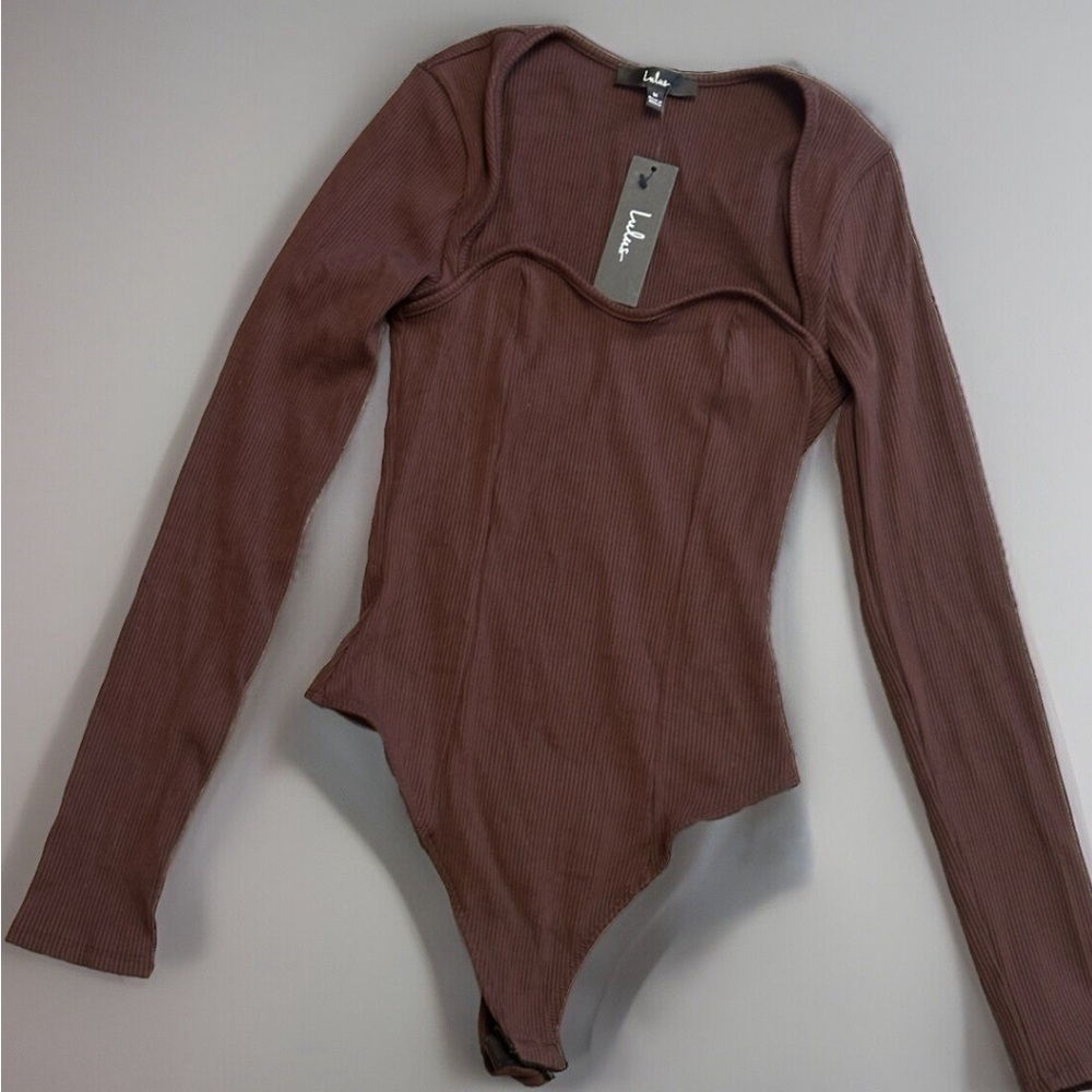 Always Perfect Brown Ribbed Knit Long Sleeve Bodysuit Sz M